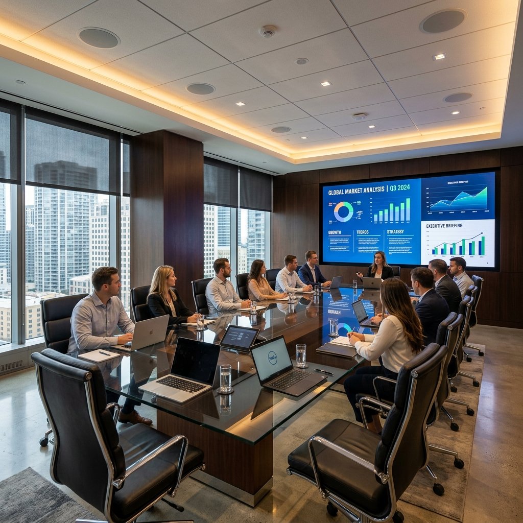 High-end corporate boardroom setup showing integrated smart lighting and media interfaces